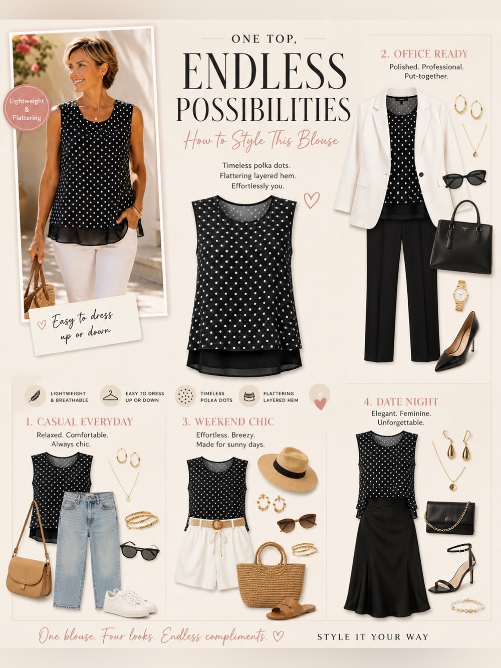 β’Rose + Olive Black White Polka Dot Layered Sleeveless Blouse Size M Chiffon Hem - Picture 3 of 12
